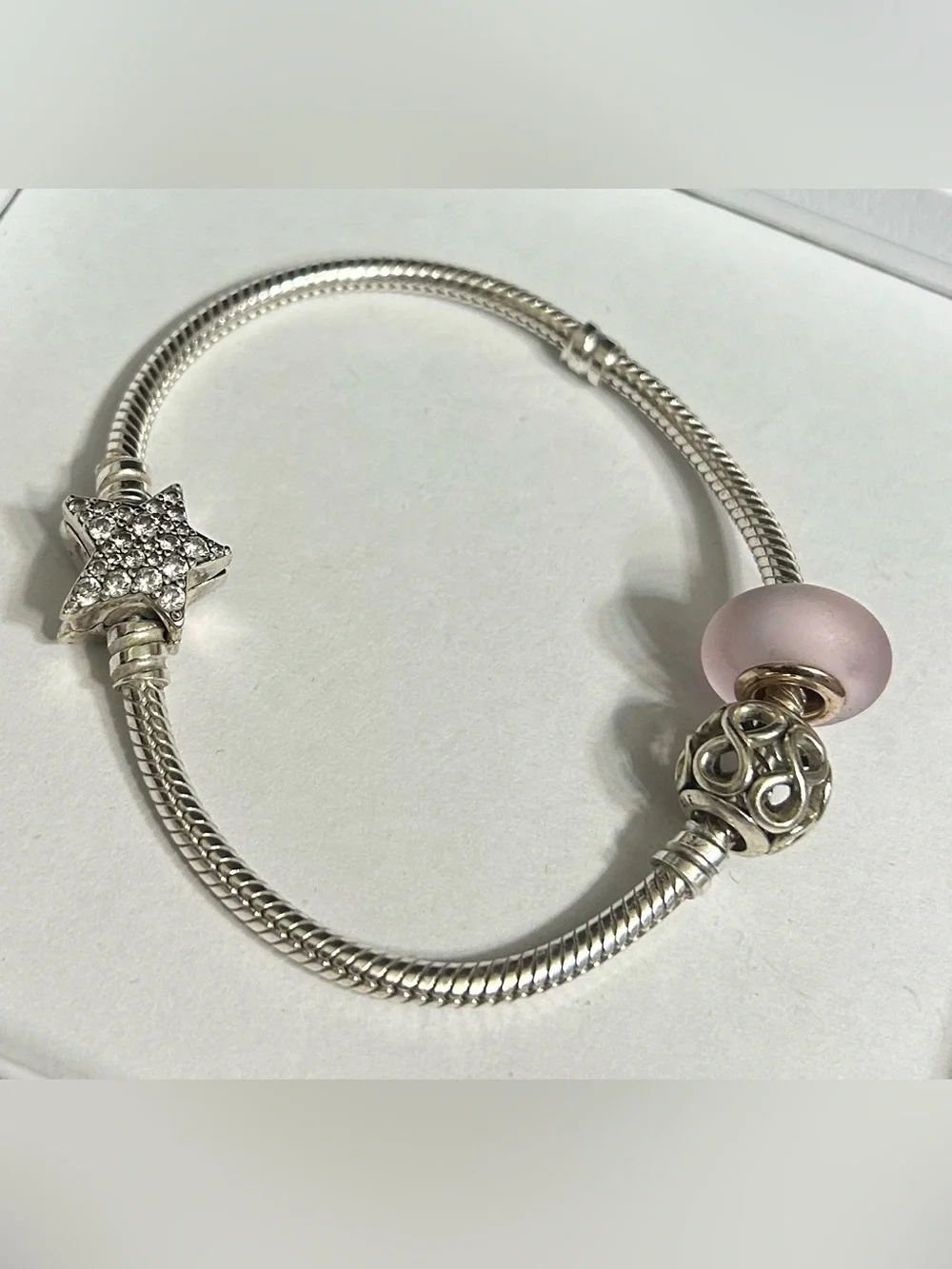 Pandora Silver Star Charm Bracelet with Pink Glass Bead